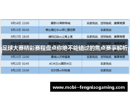 足球大赛精彩赛程盘点你绝不能错过的焦点赛事解析