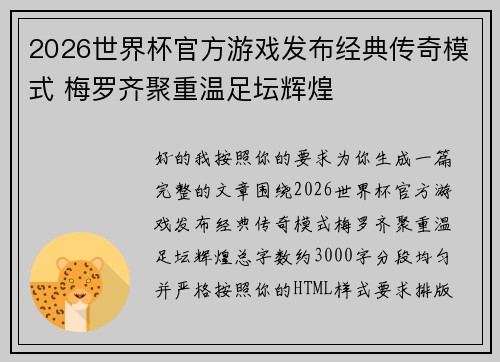 2026世界杯官方游戏发布经典传奇模式 梅罗齐聚重温足坛辉煌 2026世界杯官方游戏发布经典传奇模式 梅罗齐聚重温足坛辉煌